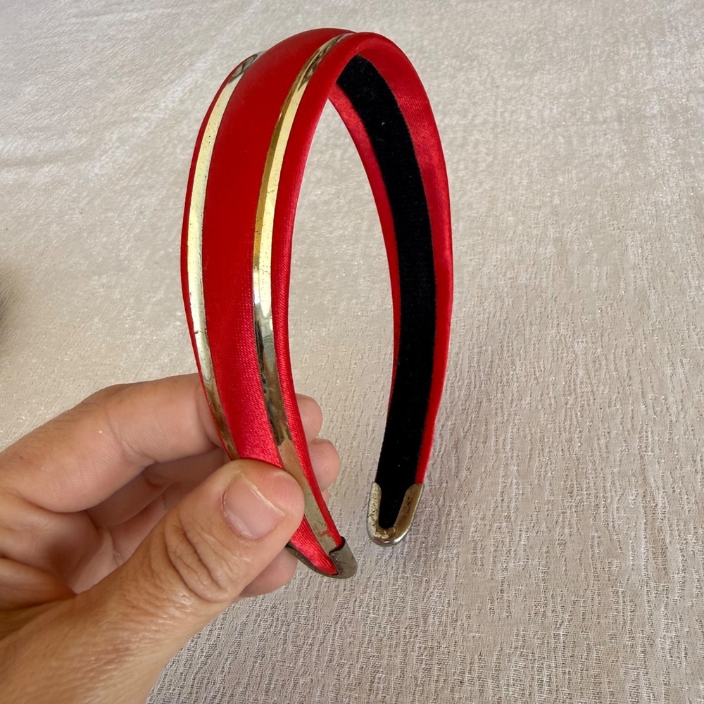 Vintage Red Satin Headband Gold‎ Metallic Trim Retro Mod Hair Accessory